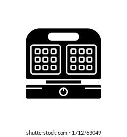 Silhouette Waffle maker with open lid. Outline icon of electric device for making two square Viennese waffles. Black illustration of kitchen appliances. Flat isolated vector emblem on white background