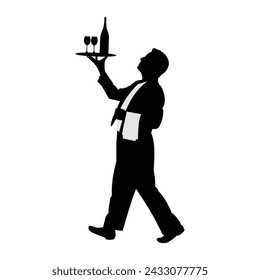 silhouette waiter holding tray bottle of wine. black isolated white background