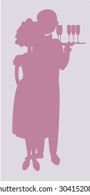 Silhouette of waiter and waitress holding wine glasses 