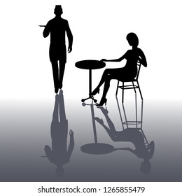 Silhouette Of Waiter Walking With Dish Tray And Lady Sitting On The Table Isolated On White With Shadow Background