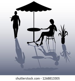 Silhouette Of Waiter Walking With Dish Tray And Lady Sitting On The Table With Umbrella Isolated On White With Shadow Background