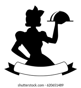 Silhouette of waitress style 50's, carrying a tray with food. Blank bottom banner to place text. Good for logo