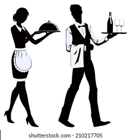 silhouette of the waitress and the waiter at restaurant