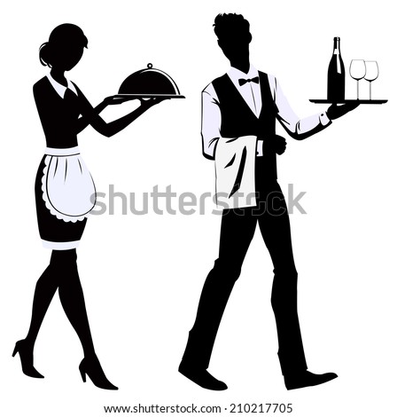 silhouette of the waitress and the waiter at restaurant