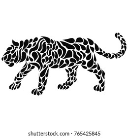 Silhouette of a walking black panther in a tattoo style. Vector illustration