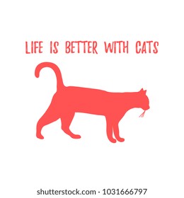 Silhouette walking cat and inscription. Health care, vet, nutrition, exhibition. Design for banner, poster or print.