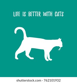 Silhouette walking cat and inscription. Health care, vet, nutrition, exhibition. Design for banner, poster or print.