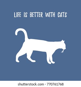 Silhouette walking cat and inscription. Health care, vet, nutrition, exhibition. Design for banner, poster or print.