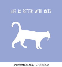 Silhouette walking cat and inscription. Health care, vet, nutrition, exhibition. Design for banner, poster or print.