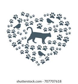 Silhouette walking cat inside the heart from tracks and birds. Health care, vet, nutrition, exhibition. Design for banner, poster or print.