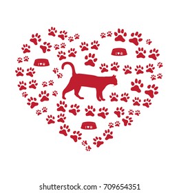 Silhouette walking cat inside the heart from tracks and bowls. Health care, vet, nutrition, exhibition. Design for banner, poster or print.
