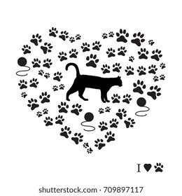 Silhouette walking cat inside the heart from tracks and balls of threads. Health care, vet, nutrition, exhibition. Design for banner, poster or print.