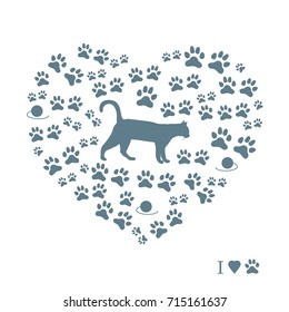 Silhouette walking cat inside the heart from tracks and balls of threads. Health care, vet, nutrition, exhibition. Design for banner, poster or print.