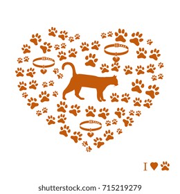 Silhouette walking cat inside the heart from tracks and collars. Health care, vet, nutrition, exhibition. Design for banner, poster or print.