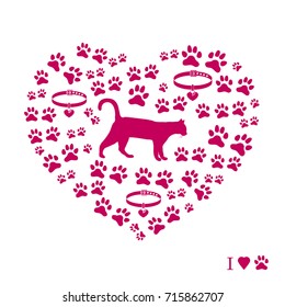 Silhouette walking cat inside the heart from tracks and collars. Health care, vet, nutrition, exhibition. Design for banner, poster or print.