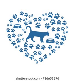 Silhouette walking cat inside the heart from tracks and bowls. Health care, vet, nutrition, exhibition. Design for banner, poster or print.