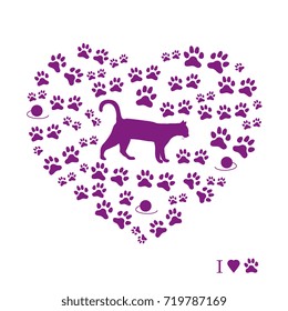 Silhouette walking cat inside the heart from tracks and balls of threads. Health care, vet, nutrition, exhibition. Design for banner, poster or print.