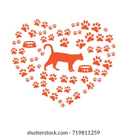 Silhouette walking cat inside the heart from tracks and bowls. Health care, vet, nutrition, exhibition. Design for banner, poster or print.