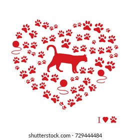 Silhouette walking cat inside the heart from tracks and balls of threads. Health care, vet, nutrition, exhibition. Design for banner, poster or print.