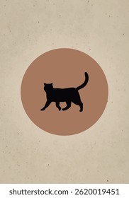Silhouette of walking cat on earthy circle background abstract 