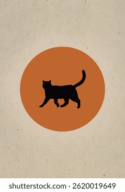 Silhouette of walking cat on earthy circle background abstract 