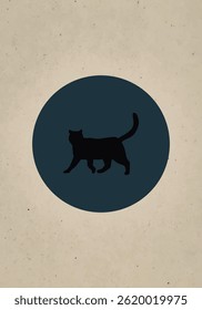 Silhouette of walking cat on earthy circle background abstract 