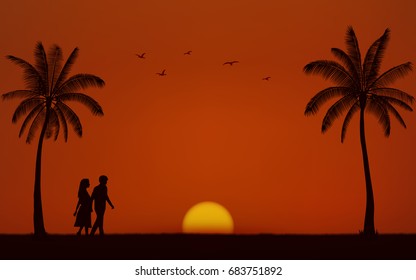 Silhouette walking couple on beach in flat icon design under sunset sky background