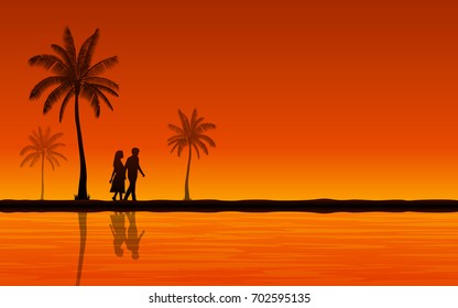 Silhouette walking couple on beach and reflection in flat icon design under sunset sky background