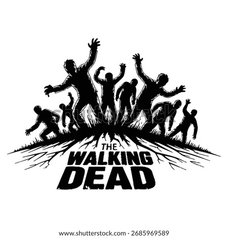 Silhouette of The Walking Dead Logo Featuring a Horde of Zombies Reaching with their Hands Upward in a Scary Illustration