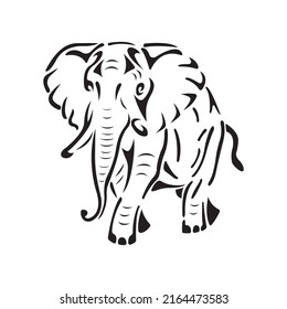 Silhouette of a walking elephant drawn in black in a flat style on a white background. Design suitable for decor, logo, tattoo, badge, icon, banner, t-shirt print. Vector isolated illustration