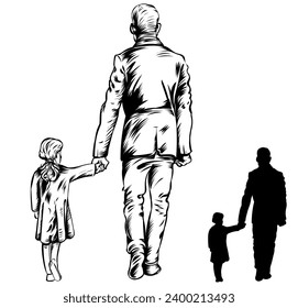 Silhouette of walking father with daughter from back. vector illustration