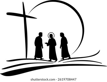 Silhouette Walking with Jesus. Vector illustration of the disciples on the road to Emmaus.