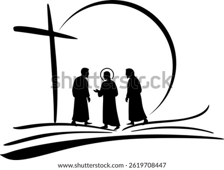 Silhouette Walking with Jesus. Vector illustration of the disciples on the road to Emmaus.