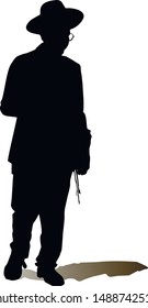 Silhouette of a walking Jewish man. Religious Jew. The man in the hat. Young Jew Hasid in a hat. Isolated vector illustration Black on white.