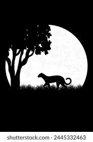 Silhouette of walking leopard in the night savannah. Spring Africa dusk meadow. Black panther hunting under full moon