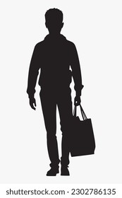Silhouette of the walking man with a bag.vector illustration isolated on white background. Going to The Market.