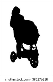 Silhouette walking mother with baby stroller. illustration.