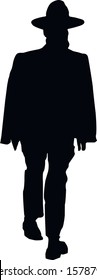 Silhouette of a walking orthodox Jew. A man in traditional Jewish clothes. Jew in a hat. Talit Katan and tsitsit. Isolated vector illustration Black on white.