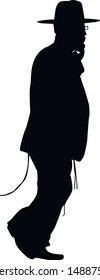 Silhouette of a walking religious jew. Katan and tzitzit are dressed on a man. The man in the hat. Young Jew Hasid in a hat. Isolated vector illustration Black on white.