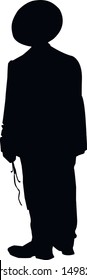 Silhouette of a walking religious jew. Katan and tzitzit are dressed in a Jew. The man in the hat. Young Hasidic Jew in traditional dress. Isolated vector illustration Black on white.