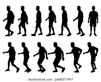 Silueta de hombre caminando y corriendo, conjunto. Ilustración vectorial