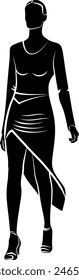 Silhouette of Walking Women In Dress . Vector monochromatic illustration 