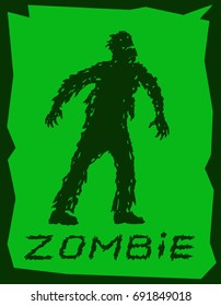Silhouette of a walking zombie concept. Vector illustration. Drawing scary character design. The horror genre. Green color background.