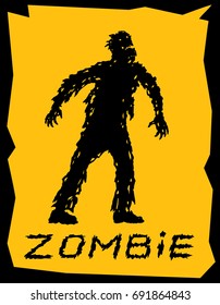 Silhouette of a walking zombie concept. Vector illustration. Drawing horror character design. Orange color background.
