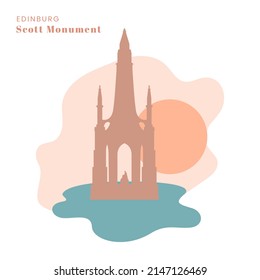 Silhouette of Walter Scott Monument in Edinburgh, Scotland. Edinburgh landmarks logo in flat style. UK city architecture vector icon.