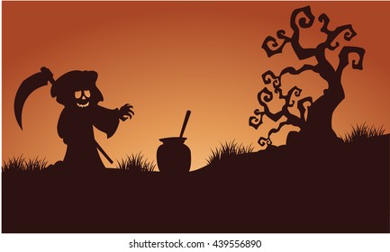 Silhouette of warlock halloween in fields illustration