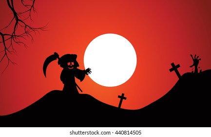 Silhouette of warlock halloween in tomb full moon background