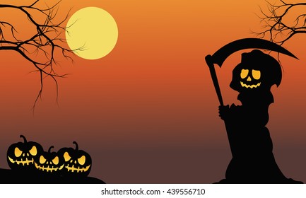 Silhouette of warlock and pumpkins halloween illustration