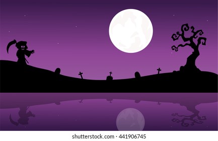 Silhouette of warlock in riverbank Halloween purple backgrounds