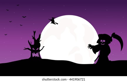 Silhouette of warlock, witch and monster Halloween illustration